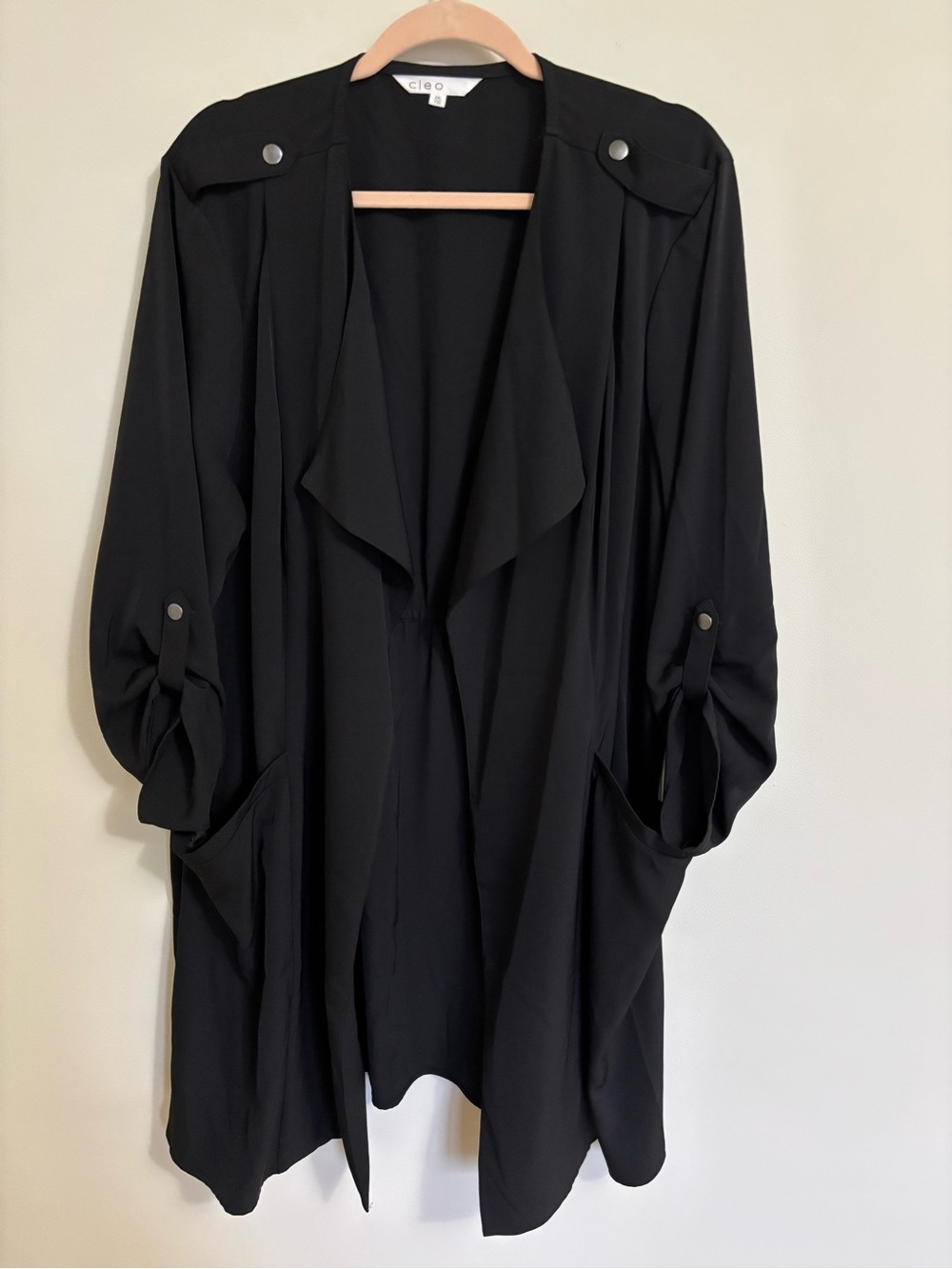 Plus size Black Long Open-Front jacket topper with Pockets
